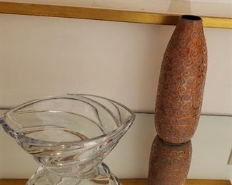Crystal Bowl / Vase w/ an art glass Vase, both signed