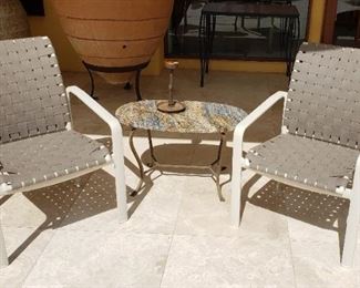 Pair of Brown Jordan Armchairs w/ a Granite & Iron Side Table 
