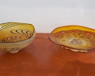 Two Large Art Glass Bowls, both signed. Left Gold Bowl has SOLD
