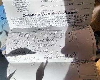 Mahogany Milk Fur Coat Certificate of Authenticity 