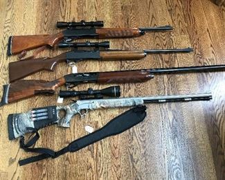 Thompson Center Encore 50 Cal with Leopold Vari-x 3.5 x 10 x 50 Scope - Clean
Remington 1100 Trap 12 Gauge - Clean 
Remington 742 Carbine 30-06 with Leopold Vari-x 2 x 7 Scope - Clean
Remington 740 30-06 Weaver K4 - Clean