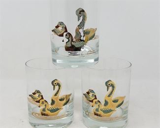 Three Couroc Gold Enameled Duck Glasses
