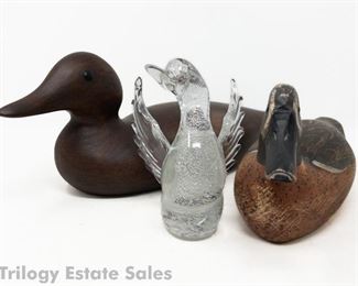 Three Ducks: Carved Decoy, Porcelain, & Venetian Murano Glass