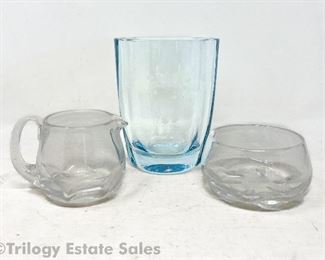 Strombergshyttan Vase with Etched and Cut design of Bird Plus Orrefors Creamer & Sugar