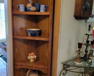Corner lighted oak shelves