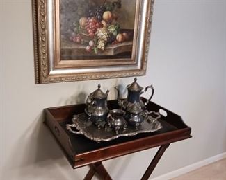 Silver Plate tea service. Still life painting with gold leaf frame