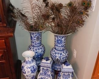 Large Blue transfer where vases with peacock feathers