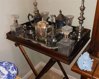 Silver plated tea set and candlesticks bar decanters glass
