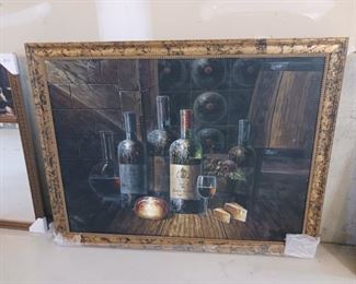 Large painting featuring wine bottles and cheese