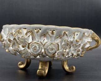 Limoges Gilded Footed Dish w/ Applied White Roses