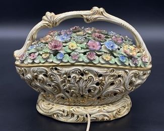Vintage TV / Table Lamp: Handled Basket w/ Flowers
