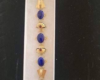 Ladies sterling silver & 18k yellow gold lapis and garnet link bracelet