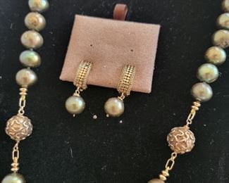 Green dyed off round fresh water pearl necklace with sterling silver gold plated beads and matching dangle earrings set. Designed by Sharon Meyer. 41in long