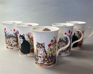 Set of 5 “Wren” Garden Cats Mugs by Lesley Hallas, Fine Bone China. Made in England 