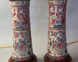 Pair of Chinese Canton Export Porcelain Famille Rose Table Lamps 