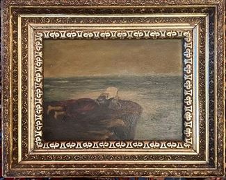 Primitive Oil on Board Painting “Girl Looking Out Into The Ocean”