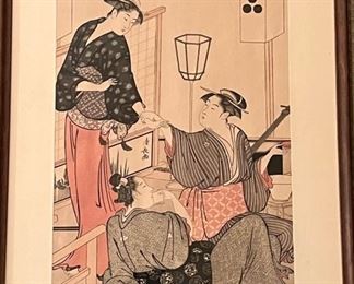 Japanese  Woodblock Print by Torii Kiyonaga, "Cooling off in the Evening at Shijo Riverbank"