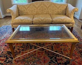 Gilded Glass Top Coffee Table and Chinoiserie Camel Back Chippendale Style Sofa