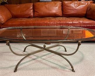 Vintage Rams Head Glass Top Coffee Table and Very Distressed Nailhead Leather Sofa (will need to be reupholstered)