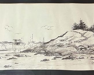 Ink on Paper Seascape by Listed Artist John E Harris (20th Century, Maine)