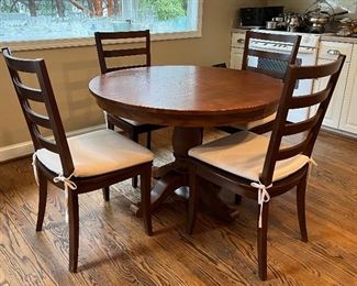 Crate and Barrel Pedestal Table and 4 Chairs with One Leaf to Expand (sold as a set)