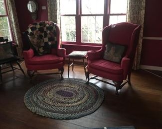 WING BACK CHAIRS     ANTIQUE QUILT AND BRAIDED RUG