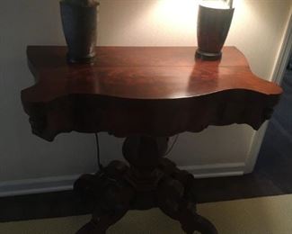 2 PEWTER LAMPS AND ANTIQUE FLIP TOP TABLE