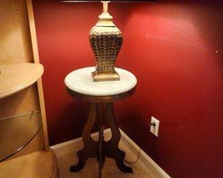 Vintage marble top lamp table, tin lamp