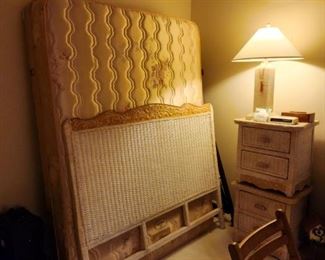 Queen bed, wicker headboard, matching nightstands