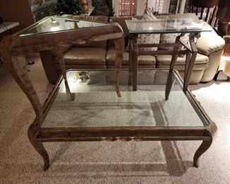 Wrought iron glass top coffee table and triangular lamp table, Everbear wrought iron glass top table