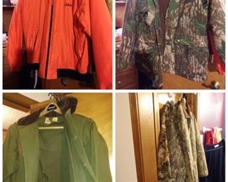 A closet full of insulated hunting jackets, with brand names including Cabela's SuperSlam, Bullseye Bill, Magellan, and Columbia.