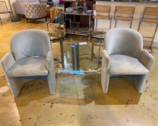 Vintage waterfall accent table with cylinder stainless steel tube leg. Pair of mint green chairs made by Directional Furniture Company
