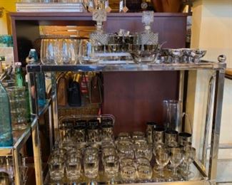 Vintage mid century bar cart and barware