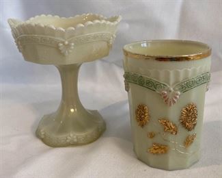 Antique Northwood Custard Glass Chrysanthemum Sprig Gilded Tumbler And Jelly Compote