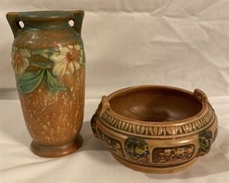 Roseville Pottery Dahlrose Brown Vase And Florentine Low Bowl