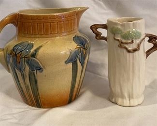 Roseville Pottery Earlier 1910 To 1916 Blue Iris Pitcher And Ming Tree White Vase