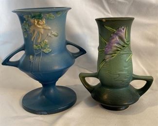 Roseville Pottery Green Freesia Vase Double Handled And Columbine With Handles