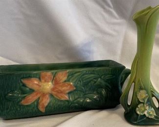 Vintage Roseville Pottery Mock Orange Green Bud Vase And Clematis Planter