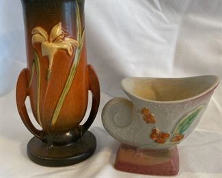 Vintage Roseville Pottery Zephyr Lily Vase And Gray Cornucopi