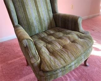 35-31 $100 Ethan Allen Wingback Chair - Sage Green with Stripe 27w 27d 36h (back), seat: 20w 20d 17h