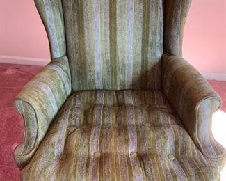 35-31 $100 Ethan Allen Wingback Chair - Sage Green with Stripe 27w 27d 36h (back), seat: 20w 20d 17h