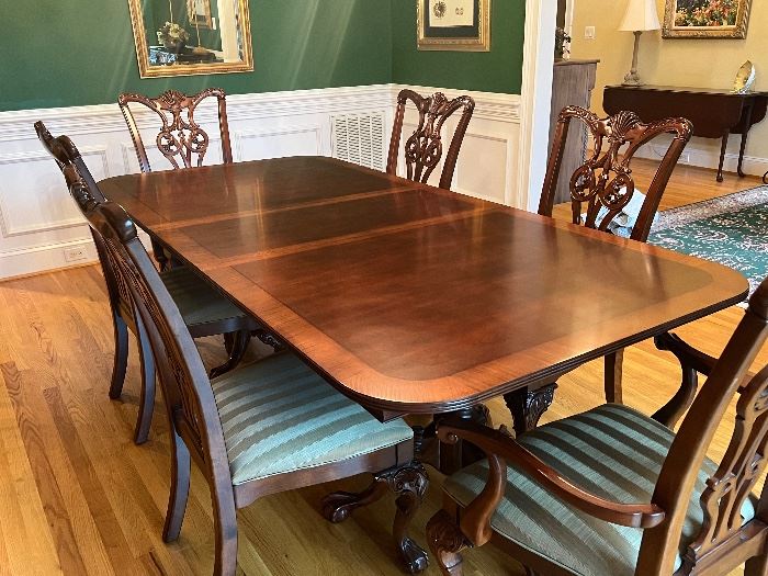 Kincaid double pedestal dining table with 8 Chippendale ball claw foot chairs