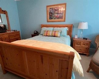 Pine bedroom suite Queen bed, Dresser, Chest with mirror and night stand