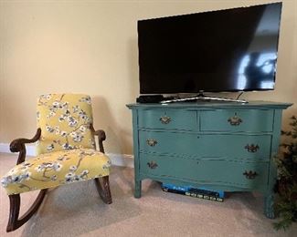 Vintage rocker, painted antique chest and Samsung 2014 flat screen tv