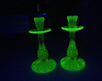 Vintage Pair of Uranium/Vaseline Glass Candlesticks