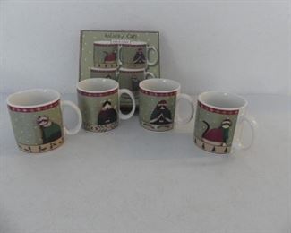 Oneida Fiddlesticks "Holiday Cats" Set of 4 Stoneware Mugs - New in Box