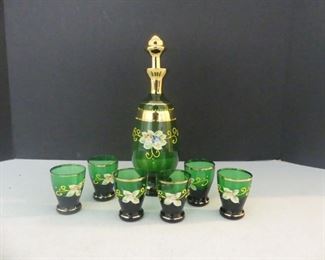 Vintage Royal Sealy Hand Painted Relief Floral Design Emerald Green/Gilt Decanter with 6 Shot/Cordial Glasses