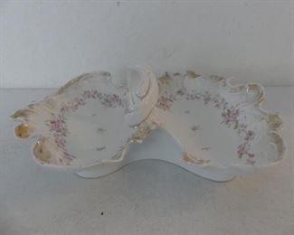 Vintage (Possibly Antique) 1875-1935 Carl Tielsch Divided Bowl with Basket Handle - Floral Pattern with Gold Trim