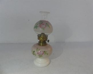 Vintage Hand Painted Milk Glass Oil Lamp with Rose Design - 9" Tall