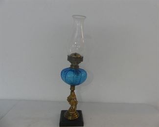 Vintage IMPD Climax Blue Glass Oil Lamp on Brass Statuette - 21" Tall